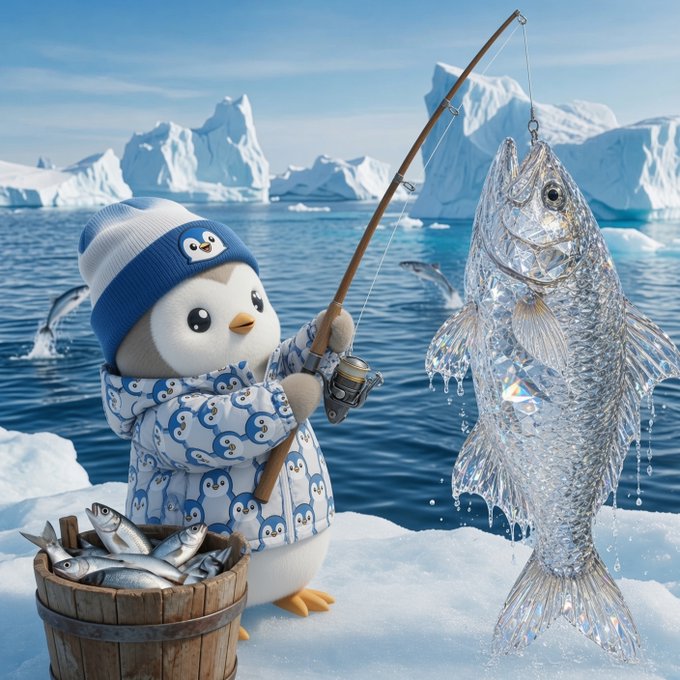 A cute cartoon penguin wearing a blue and white patterned sweater and matching beanie is ice fishing on a frozen landscape, holding a rod with a large, glittering fish on the line, with a bucket full of caught fish beside it.