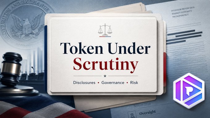 A graphic featuring a folder labeled 'Token Under Scrutiny - Disclosures, Governance, Risk' overlaid on documents including SEC-related materials, with a Purple cryptocurrency logo in the bottom right corner.