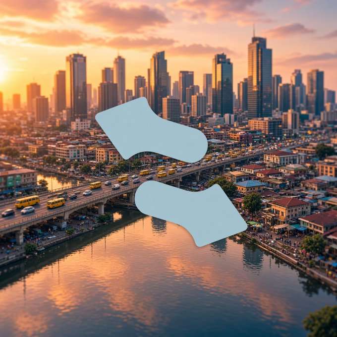 A sunset cityscape of a riverside metropolis with high-rise buildings and traffic, overlaid with two light blue bone-shaped graphics.
