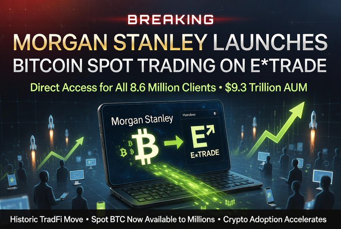 A breaking news graphic announcing 'MORGAN STANLEY LAUNCHES BITCOIN SPOT TRADING ON E*TRADE', noting direct access for 8.6 million clients and $9.3 trillion AUM.