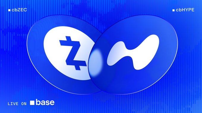 A promotional graphic on a blue background featuring overlapping circles with the ZEC (Zcash) and HYPE logos, labeled 'cbZEC' and 'cbHYPE', with text 'LIVE ON base' at the bottom.