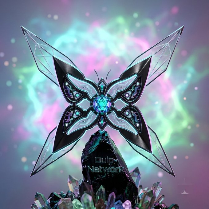 A digital artwork features a glowing, metallic butterfly-like structure with a central green gem, resting on a bed of crystals against a colorful, nebula-like background, with a 'Quipo Network' watermark.
