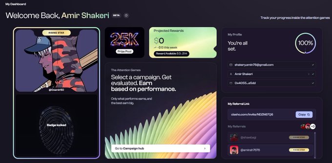 The Clasho dashboard welcomes Amir Shakeri, showcasing "The Attention Games" where creators earn based on performance, reflecting the post's sentiment of effort finally having meaning. The image includes a 25K prize pool and projected rewards of $0 this week.