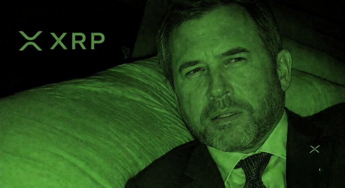 A green-tinted image of a man in a suit resting his head on a pillow next to an XRP cryptocurrency logo.