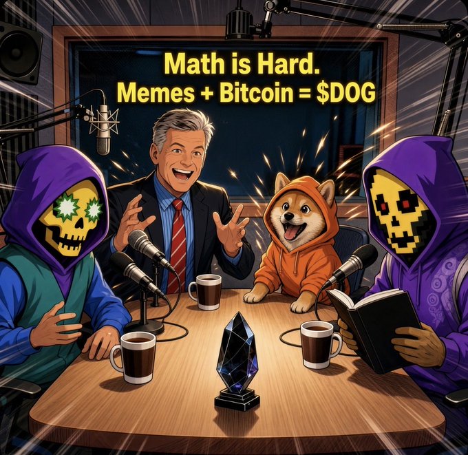 A digital illustration depicts a podcast panel featuring a news anchor, a Shiba Inu in a hoodie, and characters in skull hoodies around a table, with the text 'Math is Hard. Memes + Bitcoin = $DOG'.