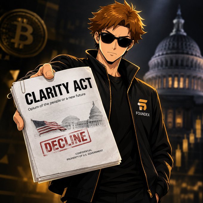 An anime-style illustration of a young man with sunglasses holding a document labeled 'CLARITY ACT' with a 'DECLINE' stamp, set against a background featuring a Bitcoin logo, the U.S. Capitol building, and financial charts, with the text 'FOUNDEX' on his jacket.