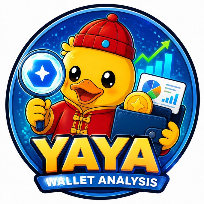 A cartoon logo featuring a yellow duck wearing a red cap and traditional Chinese outfit, holding a magnifying glass and a wallet with charts and coins, labeled 'YAYA WALLET ANALYSIS'.