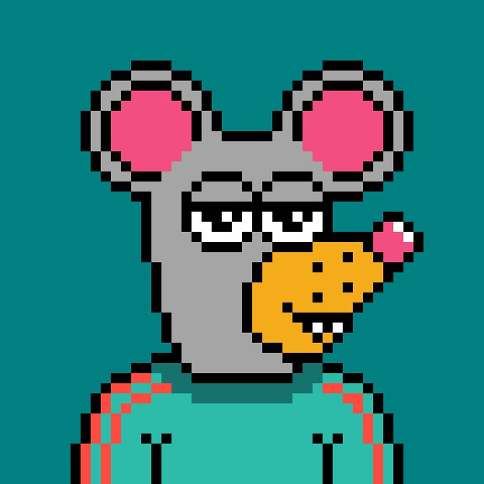 Pixel art of a grey cartoon mouse with pink ears holding a cookie that has a bite taken out of it, set against a teal background.