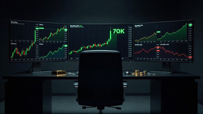 A dark workspace featuring a multi-monitor trading setup displaying Bitcoin and Ethereum candlestick charts, with '70K' displayed on the central screen.