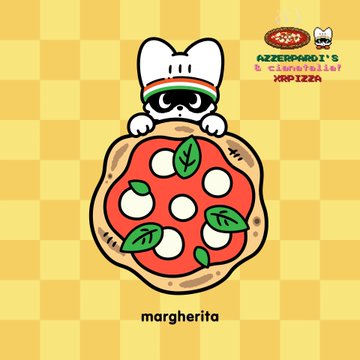 A cartoon illustration features a raccoon chef wearing a white hat peeking over a Margherita pizza against an orange checkered background, with the text 'AzzurroPi's ORIGINAL PIZZERIA'.
