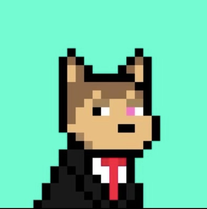 A pixel art character with a tan face, brown pointed ears, and a black suit with red tie on a teal background.