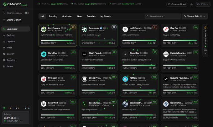 A Canopy cryptocurrency launchpad platform showing various trending L1 chains with their prices and 24h performance metrics, including Dyh Finance, Seven cap, NoFi Found, Kay Pas, Core Flux, Slash Found, Block Dex, Esports Found, flying ant, Strand Prot, XL Mew, Kusuma Foundat, Lone Wolf, and basotopia.
