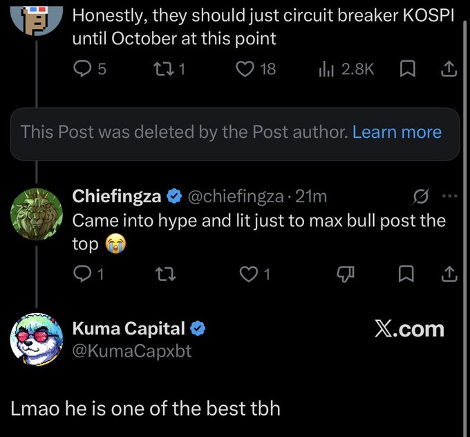A screenshot of an X.com (formerly Twitter) thread showing a reply mentioning 'circuit breaker KOSPI until October,' followed by a deleted post notice, and replies from users 'Chiefingza' (@chiefingza) admitting to 'max bull post the top' and 'Kuma Capital' (@KumaCapxbt) commenting 'Lmao he is one of the best tbh'.