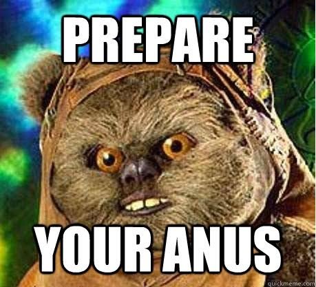 An Ewok meme with the text "PREPARE YOUR ANUS" overlaid, humorously conveying a warning or sense of impending doom—fitting for a post about Solana's current volatile situation.