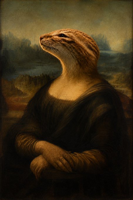 A Renaissance-style parody portrait of an otter with a human-like body in dark robes posed in a classical Mona Lisa style.