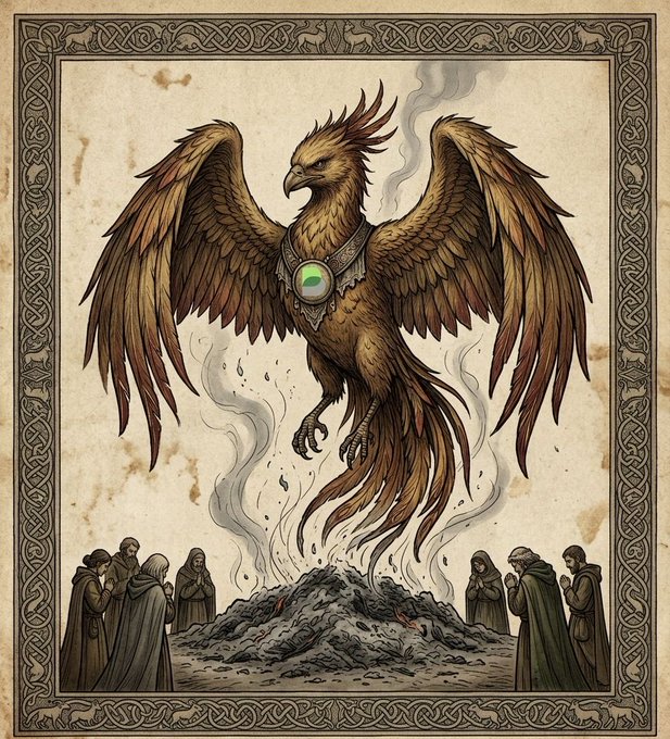 A majestic phoenix rises triumphantly from smoldering ashes, surrounded by cloaked onlookers witnessing its rebirth, evoking themes of epic return and resurgence—much like the prophesied comeback hinted at in the caption about Boba.
