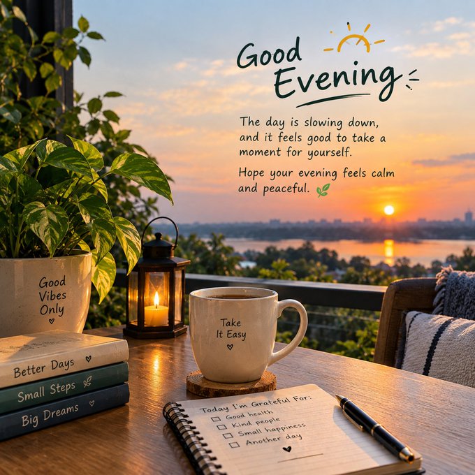 A 'Good Evening' greeting card features a sunset over water with a coffee mug reading 'Take It Easy,' books labeled 'Better Days,' 'Small Steps,' and 'Big Dreams,' and a gratitude checklist.