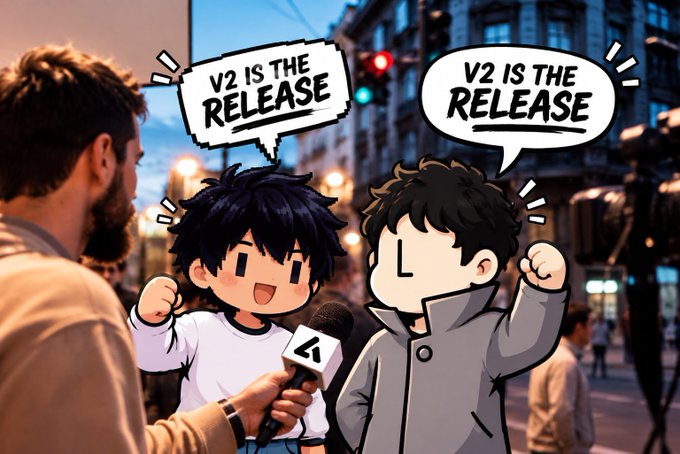 A real-life photographer's arm holds a microphone towards two anime-style characters in a city street, with both characters shouting from speech bubbles that say "V2 IS THE RELEASE".