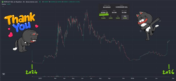 A Pepe the Frog cryptocurrency chart for PEPE/USDT showing a 'Thank You' graphic, marking a price rise from 2024 lows into 2026.