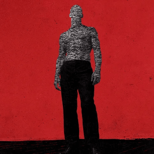A striking digital artwork showing a humanoid figure with a textured, statue-like upper body standing against a vibrant red wall on a dark floor.