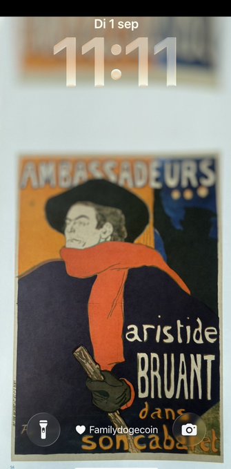 A phone lock screen displaying the time '11:11' on 'Di 1 sep' over a vintage Toulouse-Lautrec poster featuring 'Aristide Bruant dans son cabaret'.