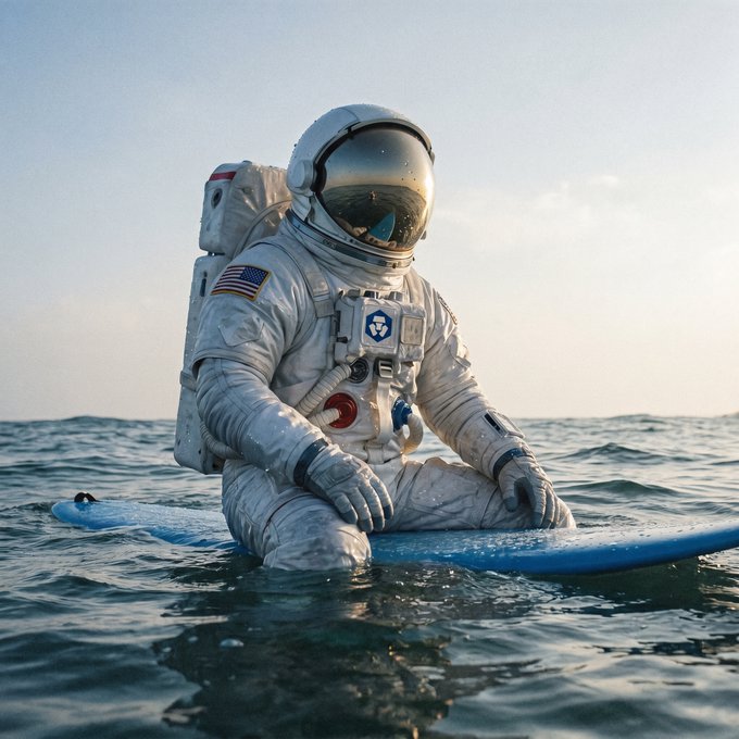 An astronaut in a white spacesuit with an American flag patch sits cross-legged on a surfboard, calmly floating on gentle ocean waves under a soft sky. The serene, patient posture mirrors the post's theme of "Waiting for the next surge," symbolizing poised anticipation amid calm waters before the next big wave—or market swell—arrives.