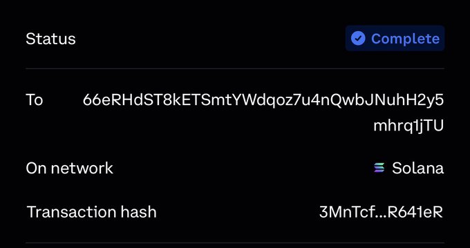 A transaction-status screen marked “Complete” shows a long recipient address, “On network Solana,” and transaction hash “3MnTcf...R641eR.”