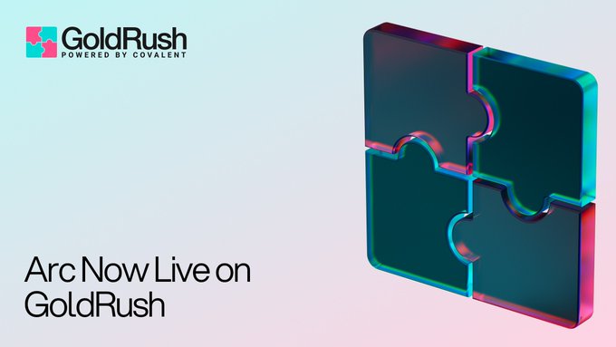 A promotional graphic with the GoldRush (powered by Covalent) logo announcing "Arc Now Live on GoldRush" alongside a 3D puzzle piece illustration.