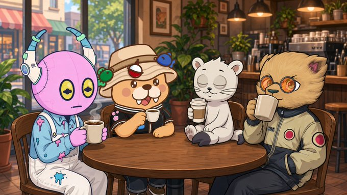 An illustration depicts four cartoon characters—a purple alien, a sailor beaver with a frog on its hat, a white cat, and a bear with glasses—sitting around a wooden table in a cafe, all holding coffee mugs.