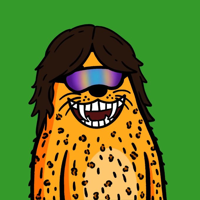 A cartoon illustration of a cheerful leopard-like creature with a shaggy brown mane and iridescent rainbow sunglasses grins against a green background, visually representing the "Seal" community mentioned in the post about the @sealonxrp project.