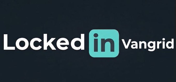 A simple logo graphic with white text reading 'Locked in Vangrid' against a dark background, with a teal 'in' icon incorporated into the text.