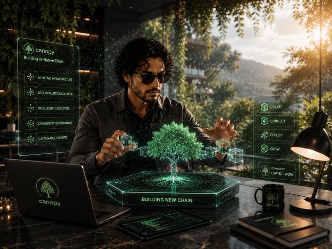 A digital illustration of a man wearing sunglasses interacting with a glowing holographic AI-Native Chain interface called 'Canopy,' featuring a tree hologram and options to Create, Connect, Deploy, and Grow.