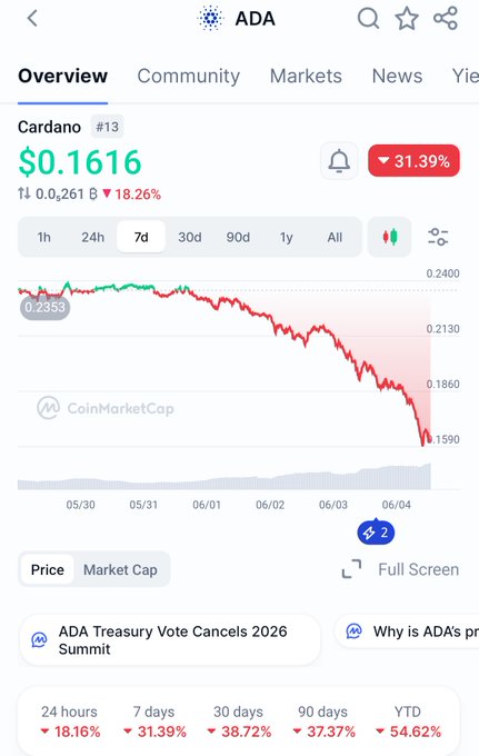 The image features a screenshot of an online trading app displaying a downward trend for cryptocurrency, specifically theADA coin. It shows a graph that goes from $0.13 to about $0.16, which suggests a decrease in value over time. The app also mentions ADA Trading and offers a summit feature related to the current market conditions.