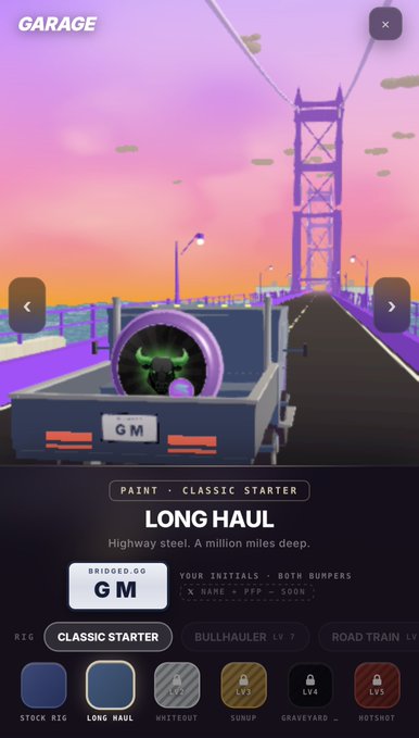 A "Garage" screen from Bridged.gg shows a customized truck driving across a bridge in a purple-hued sky, featuring the "Long Haul" Classic Starter paint job with "GM" initials and license "BRIDGEDGG," along with options like "Rig," "Bullhauler," and "Road Train" for players to level up and personalize their vehicle.