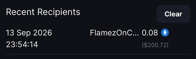 A mobile screenshot of a crypto wallet's "Recent Recipients" page shows a transaction of 0.08 ETH (valued at $200.72) sent to "FlamezOnC..." on 13 Sep 2026 at 23:54:14, with a "Clear" button in the top right corner—corresponding to the recipient of the $200 gift mentioned in the post.