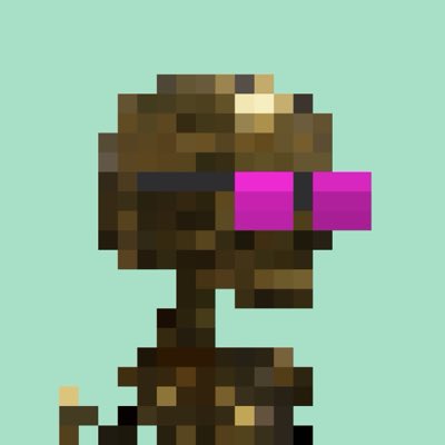 A pixel art rendering of a brown figure wearing magenta sunglasses against a pale teal background.