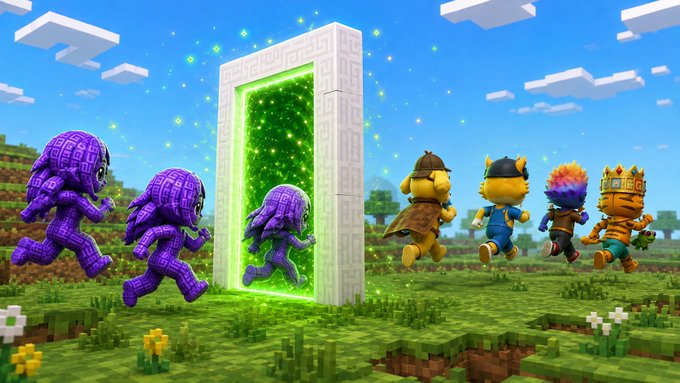 A whimsical Minecraft-style scene depicts purple aliens fleeing through a glowing green portal while small cartoon characters, including a detective tiger and a king tiger, chase after them.

The image humorously visualizes the post's nonsensical crypto/NFT terminology by portraying a bizarre "rug pull" scenario where alien-like creatures escape through a portal, being pursued by absurd cartoon tiger characters representing the "neochibi AI slop" investors left behind.