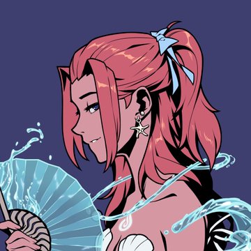 An anime-style illustration of a woman with pink hair, wearing a star earring and holding a blue fan, surrounded by water splashes against a dark blue background.
