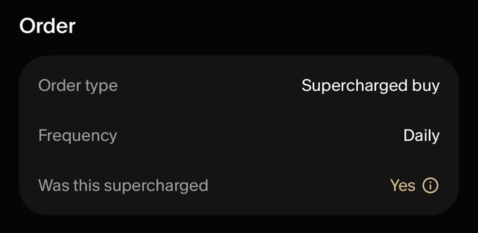 A dark-themed order details screen showing 'Order type: Supercharged buy', 'Frequency: Daily', and 'Was this supercharged: Yes'.