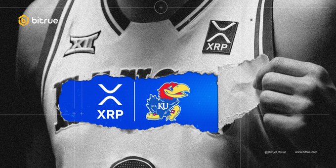 A black-and-white image shows a torn basketball jersey revealing the XRP logo and the Kansas Jayhawks mascot side by side, highlighting the first-ever crypto sponsorship deal between XRP and the University of Kansas athletics program.
