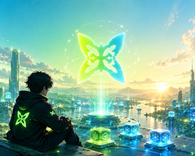 The image features a man sitting on top of a building or bridge at sunset, looking out over a cityscape filled with cubes. The cubes are glowing blue and green colors, creating an interesting visual effect against the backdrop of the setting sun. The man is wearing a black jacket that has butterfly designs on it. In the background, there are buildings and other structures, indicating that this scene takes place in an urban environment. The image also contains text that reads "Good night Can I get GN?" which could be a reference to the network or social media platform where the photo was taken.