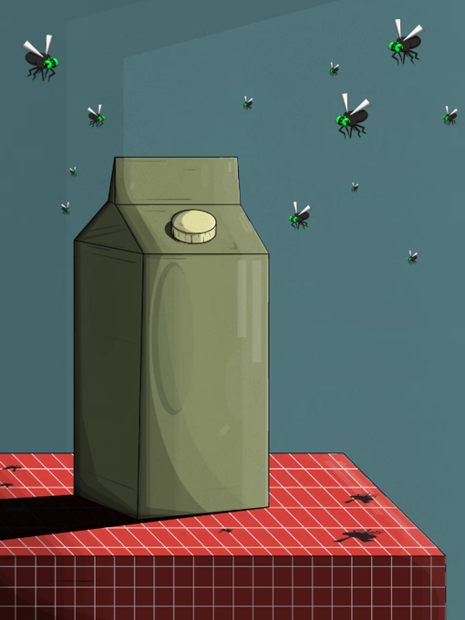 An illustrated scene of a green milk carton on a red-tiled surface with green flies buzzing around it.