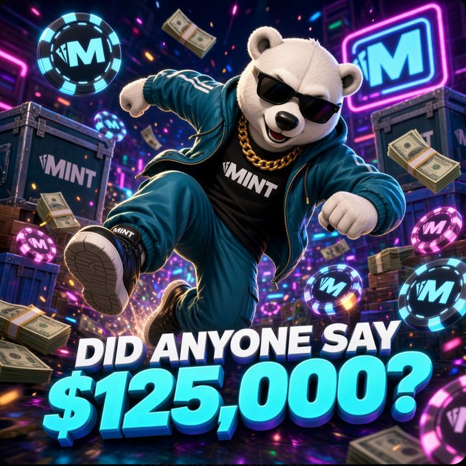 A vibrant promotional graphic features a bear mascot in sunglasses and a 'MINT' tracksuit, jumping among casino chips and cash, with the text 'DID ANYONE SAY $125,000?'