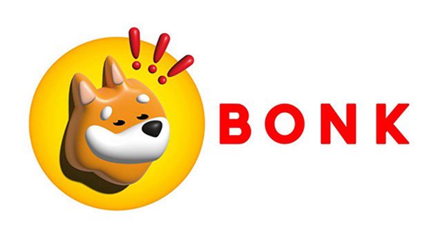 The BONK cryptocurrency logo featuring a 3D Shiba Inu dog face on a yellow circular background with red exclamation marks, alongside bold red 'BONK' text.