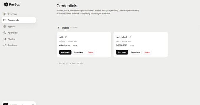 The PayBox dashboard displays the Credentials section showing two stored wallets ("sol" with address v8Zaoh_238C on Solana/Moonrpc, and "evm-default" with address 0xB6bf_9006 on EVM/Moonrpc), along with options to add funds, reveal keys, or delete each.

The image supports the tweet about missing a Paybox airdrop by showing the user's Credentials page where their wallet address and configured RPC endpoints are visible, suggesting the airdrop claim may depend on these wallet settings.