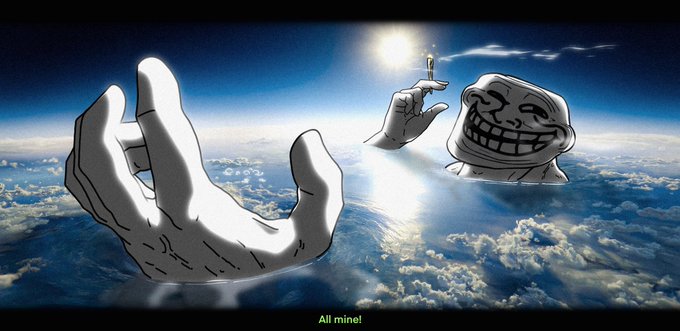 A surreal digital illustration set above the clouds, showing a large white hand reaching toward a grinning troll-face character holding a candle, with the caption 'All mine!' at the bottom.