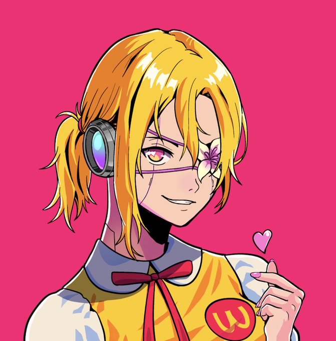 An anime-style illustration of a blonde character with a side ponytail, wearing headphones, a yellow vest with a 'W' logo, and a pink flower covering one eye against a pink background.