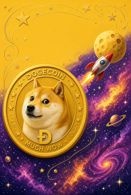A vibrant illustration of a gold Dogecoin coin featuring the Shiba Inu dog with the text 'DOGECOIN' and 'MUCH WOW', set against a cosmic background with a rocket and moon.