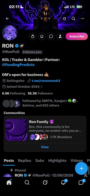 Twitter/X profile for 'RON' (@RonPull), a KOL, Trader & Gambler, Partner at @FundingPredicts, with 6.9K Following and 36.3K Followers.