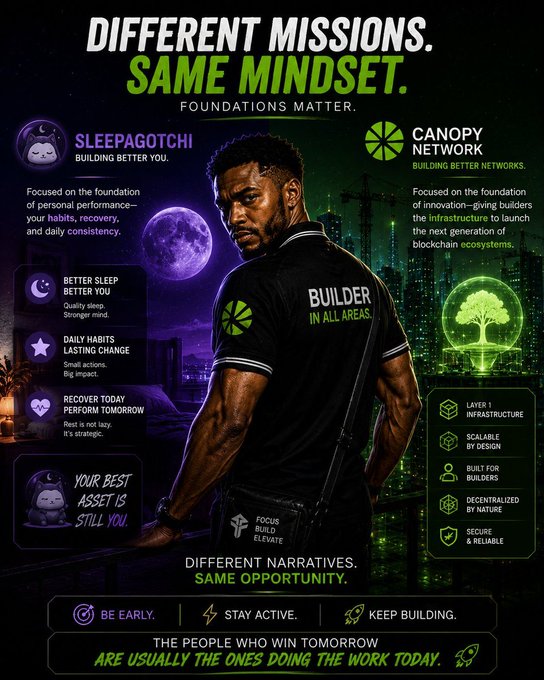 The image features a man wearing a black shirt with green text that says "Different missions. Same mindset." He appears to be standing against a city skyline backdrop, which suggests an urban setting or theme for the poster. The poster also includes information about two different projects: @CNPYNetwork and @sleepagotchi. These projects seem unrelated at first glance but are actually connected by their focus on sleep, recovery, and healthy habits. This connection is highlighted in the image through a green tree symbolizing growth and rejuvenation.